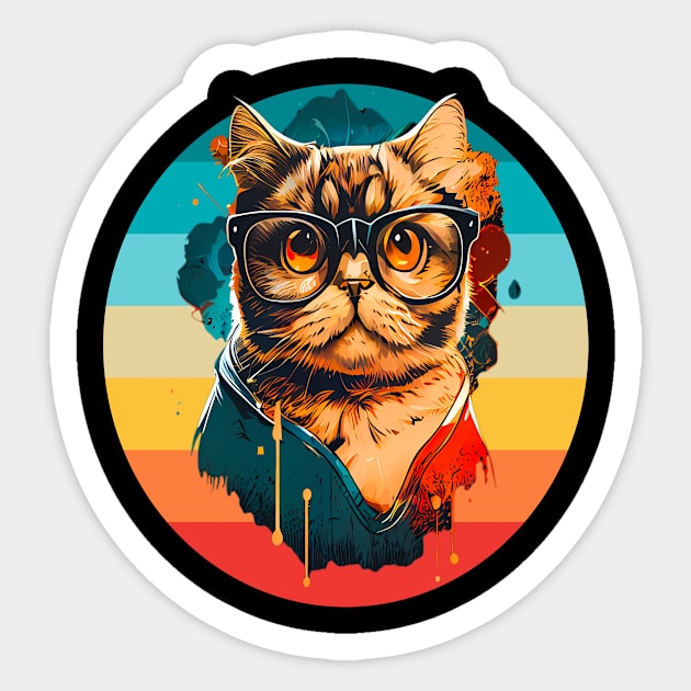 Funny Retro Cat Face With Glasses & A  Sunset Background Sticker by Kimmicsts